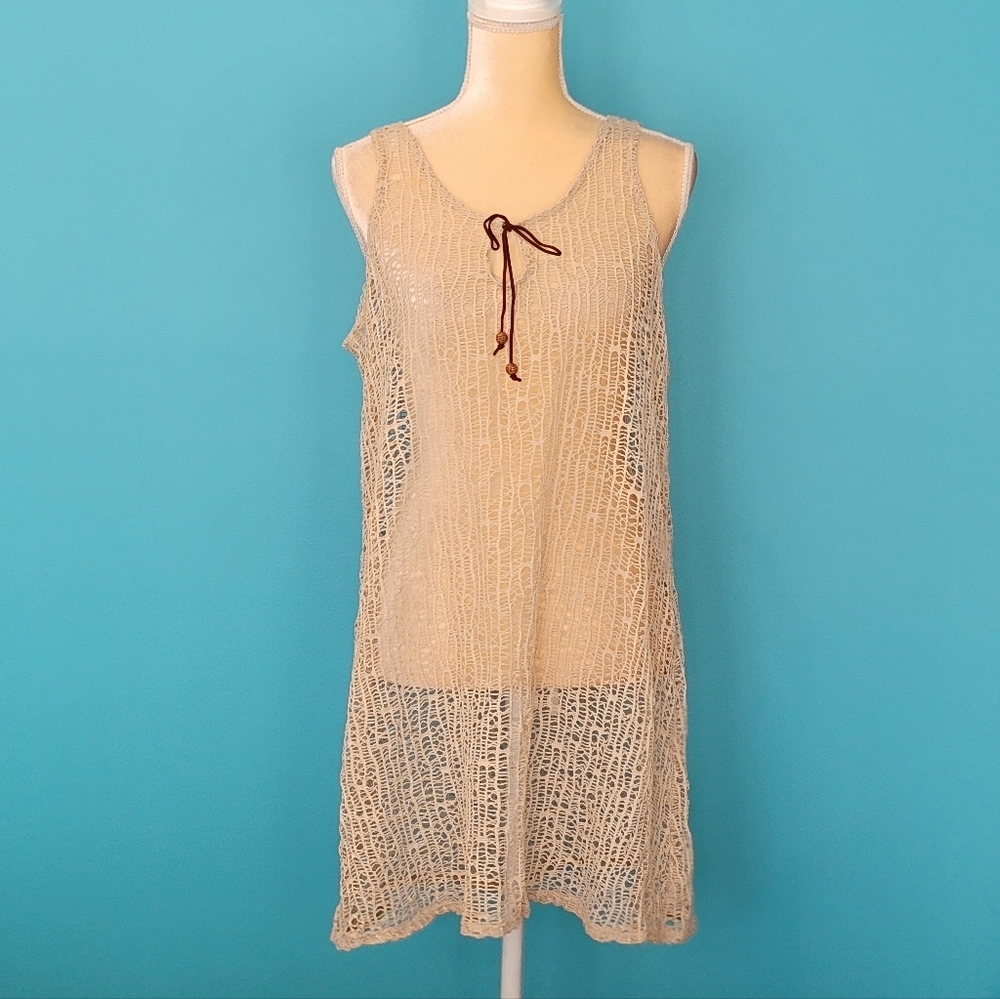 J. Valdi Netting Swim Beach Cover Up Size XL tie front with beads